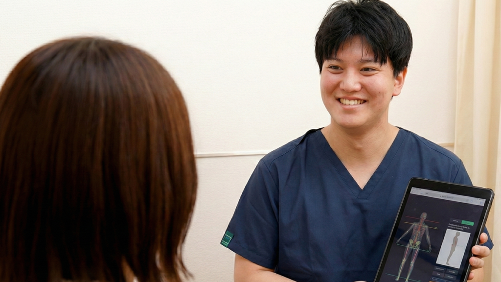 男性整体師がタブレットを使って、AI姿勢分析の結果（骨格の歪み画像）を患者に笑顔で説明しているカウンセリング風景。