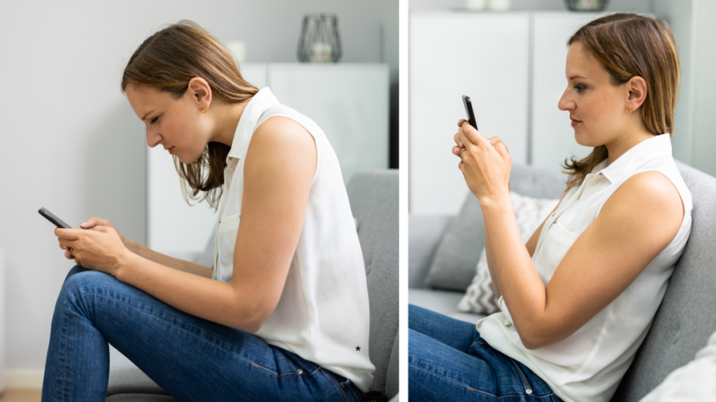 スマホ操作中の女性。左は背中が丸まった猫背姿勢、右は背筋が伸びた良い姿勢の比較写真。