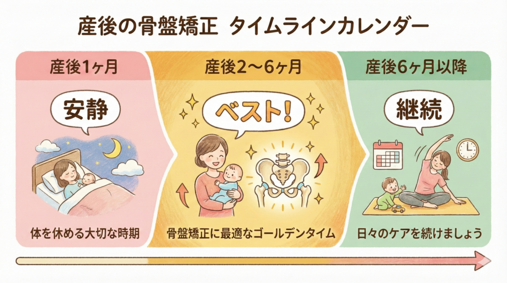 産後の骨盤矯正開始時期を示すタイムラインカレンダーのイラスト図解